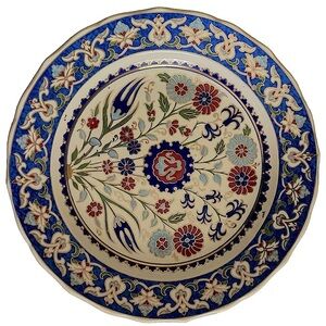 KUTAHYAH Porselen Vintage Blue Red Green Botanical Motif Hand Made Platter 2003